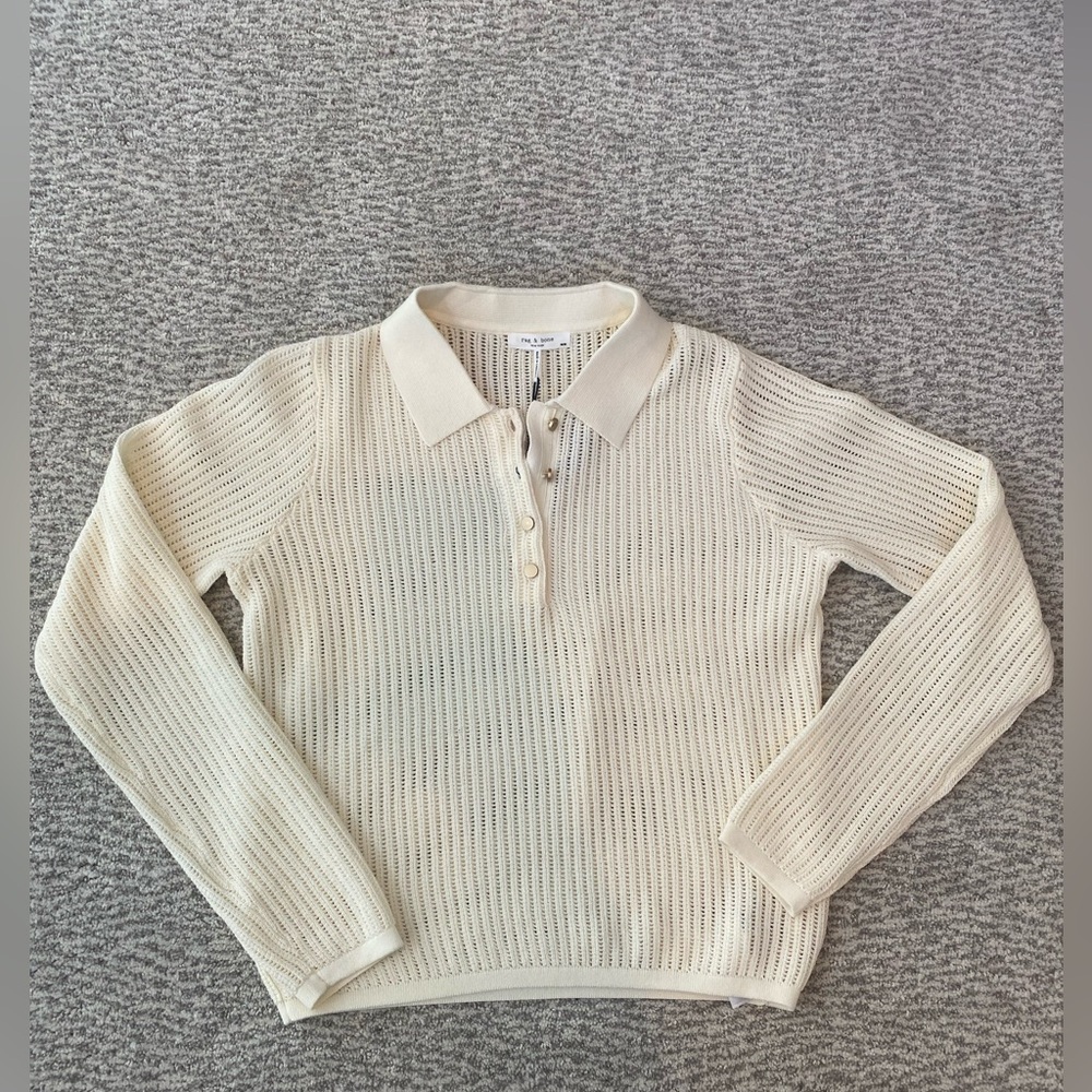 rag & bone Cream Open Knit Polo Style Summer Sweater Medium Cotton Blend NWT - Picture 9 of 12